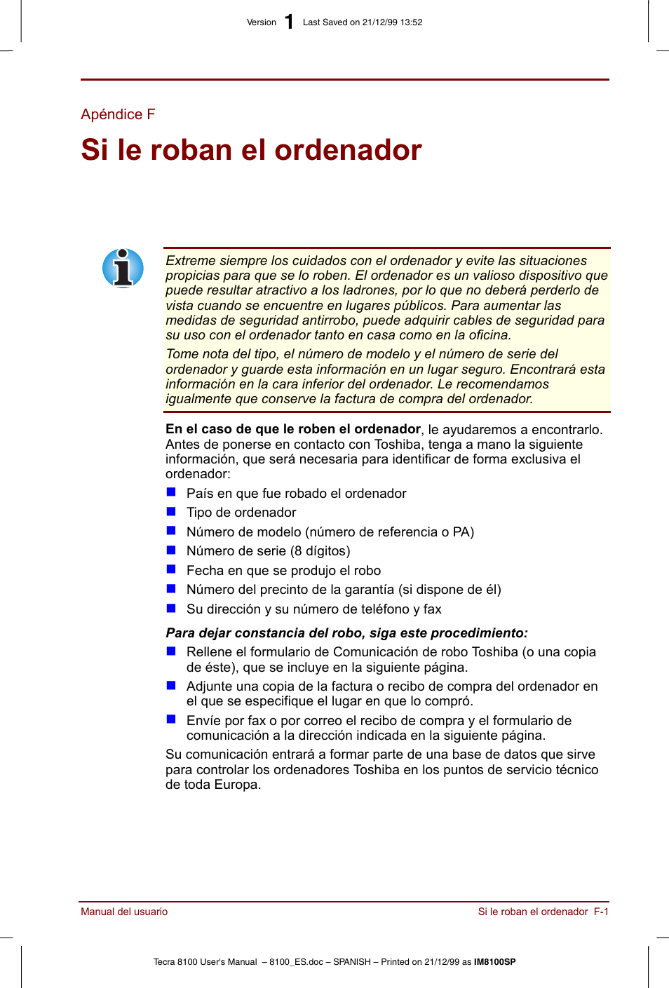 Apéndice f, Si le roban el ordenador | Toshiba Tecra 8100 User Manual | Page 199 / 238