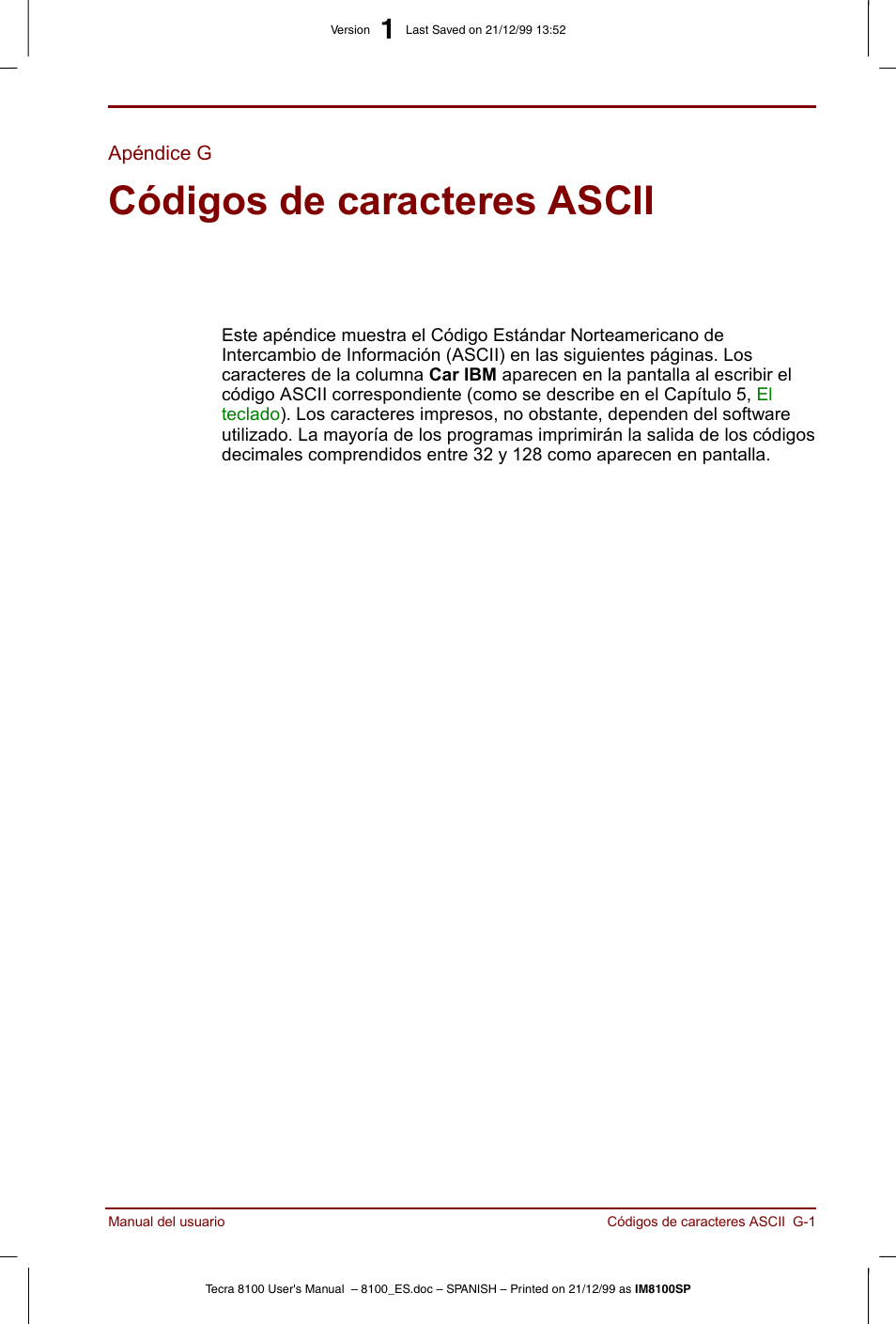 Apéndice g, Códigos de caracteres ascii | Toshiba Tecra 8100 User Manual | Page 201 / 238