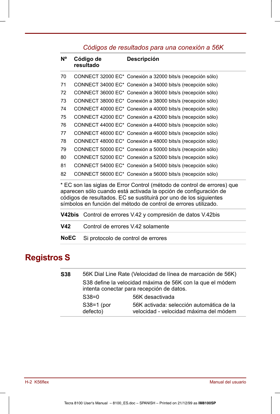 Registros s, Registros, Códigos de resultados para una conexión a 56k | Toshiba Tecra 8100 User Manual | Page 208 / 238