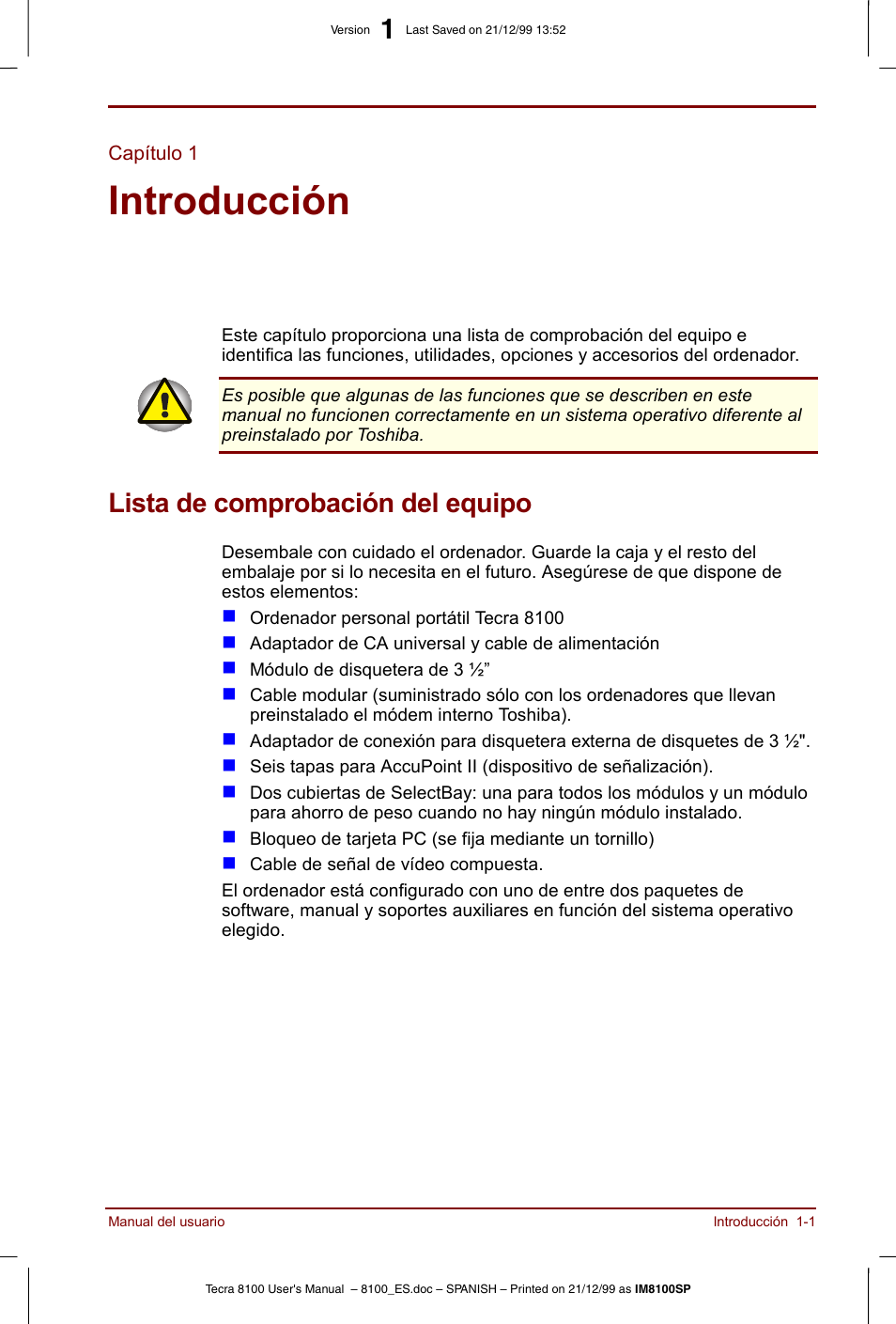 Capítulo 1, Introducción, Lista de comprobación del equipo | Capítulo 1: introducción, Lista de comprobación del equipo -1, Es una introducción a las funciones | Toshiba Tecra 8100 User Manual | Page 21 / 238
