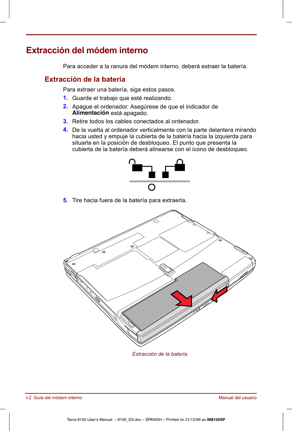 Extracción del módem interno, Extracción de la batería | Toshiba Tecra 8100 User Manual | Page 210 / 238