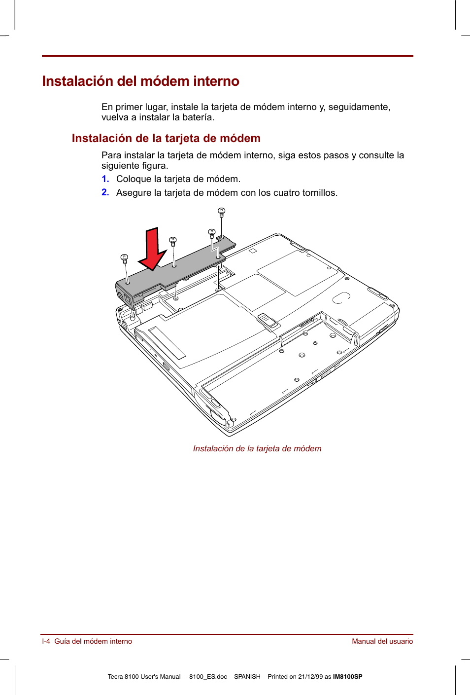 Instalación del módem interno, Instalación de la tarjeta de módem | Toshiba Tecra 8100 User Manual | Page 212 / 238