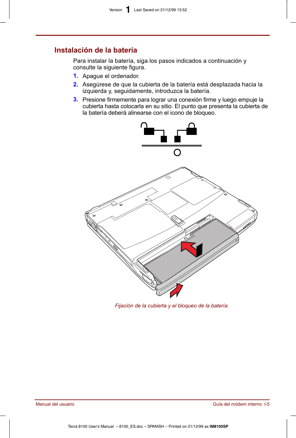 Instalación de la batería | Toshiba Tecra 8100 User Manual | Page 213 / 238