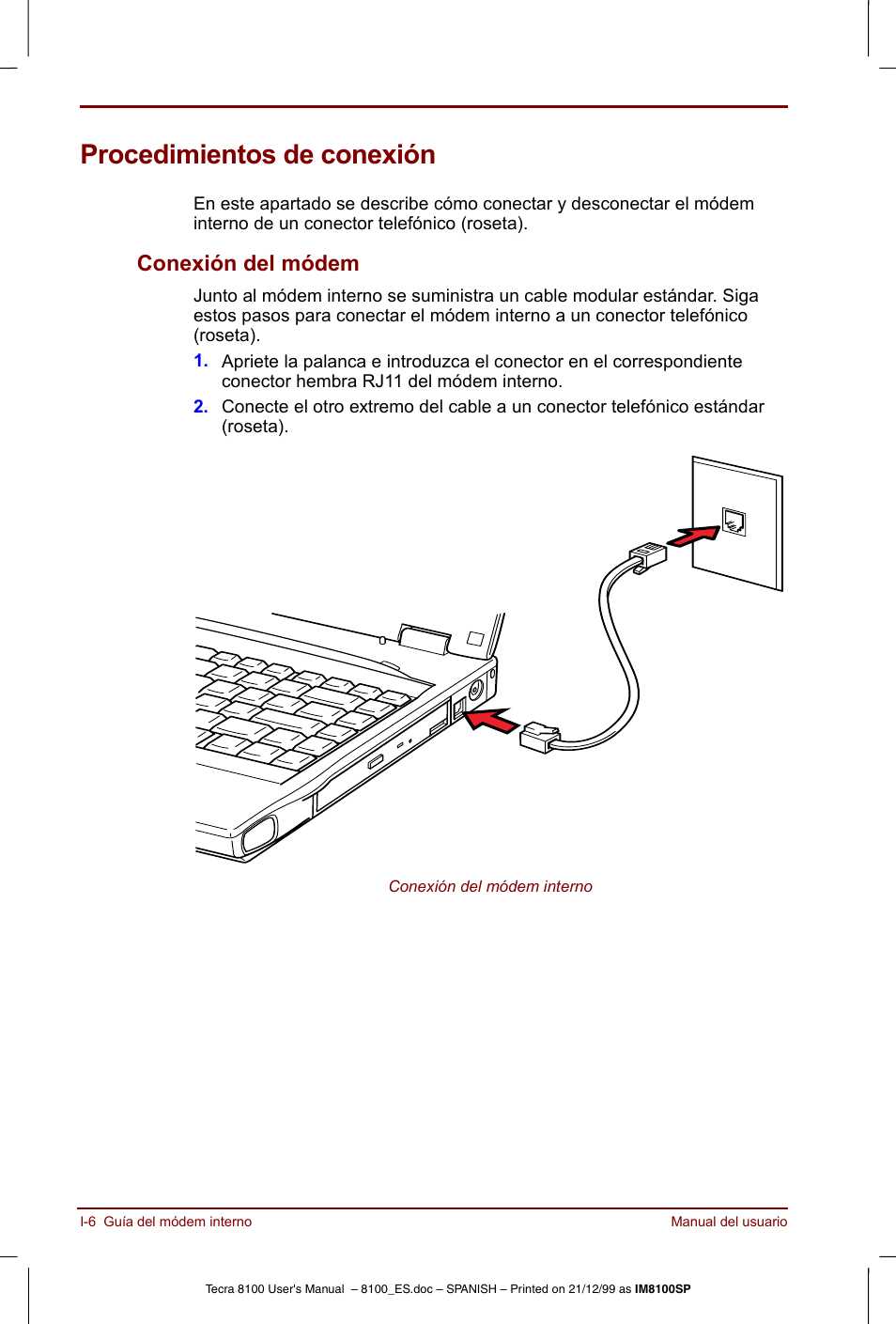 Procedimientos de conexión, Conexión del módem | Toshiba Tecra 8100 User Manual | Page 214 / 238