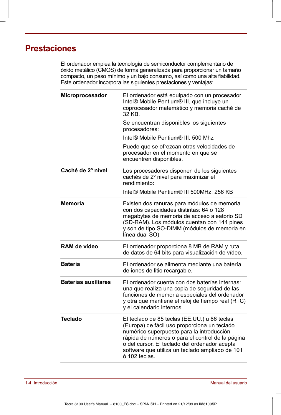 Prestaciones, Prestaciones -4 | Toshiba Tecra 8100 User Manual | Page 24 / 238