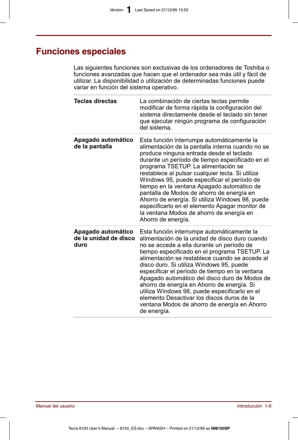 Funciones especiales, Funciones especiales -9 | Toshiba Tecra 8100 User Manual | Page 29 / 238