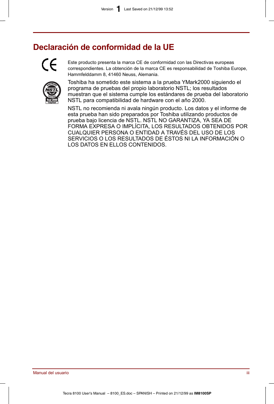 Declaración de conformidad de la ue | Toshiba Tecra 8100 User Manual | Page 3 / 238