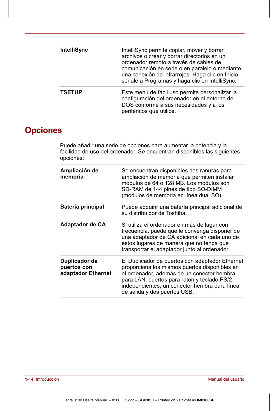 Opciones, Opciones -14 | Toshiba Tecra 8100 User Manual | Page 34 / 238