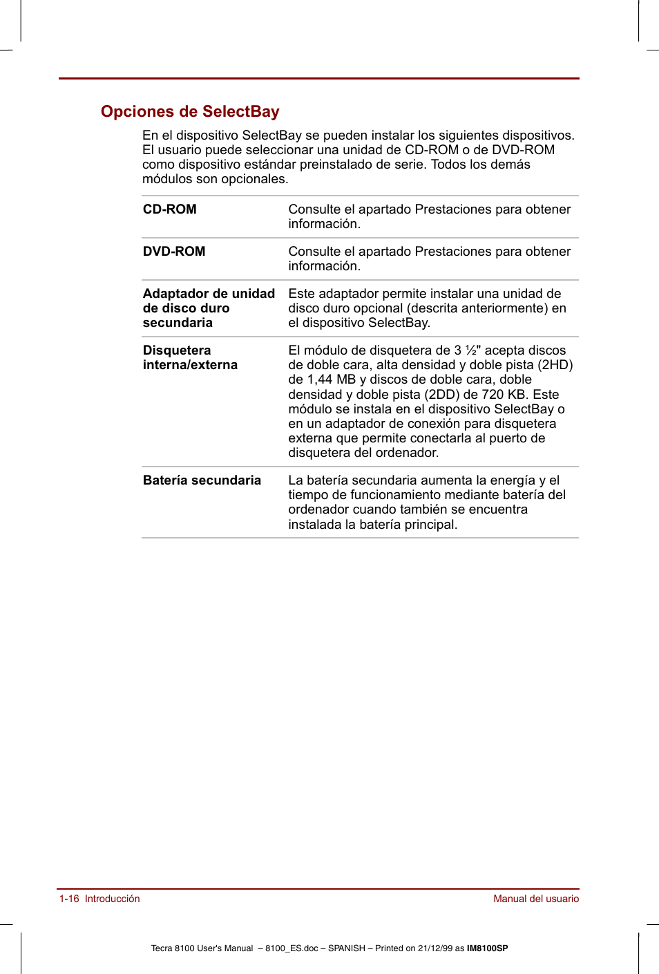 Opciones de selectbay -16, Opciones de selectbay | Toshiba Tecra 8100 User Manual | Page 36 / 238