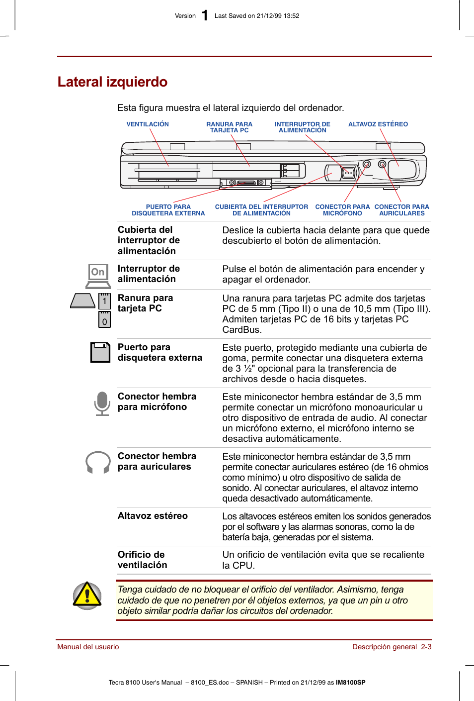 Lateral izquierdo, Lateral izquierdo -3 | Toshiba Tecra 8100 User Manual | Page 39 / 238