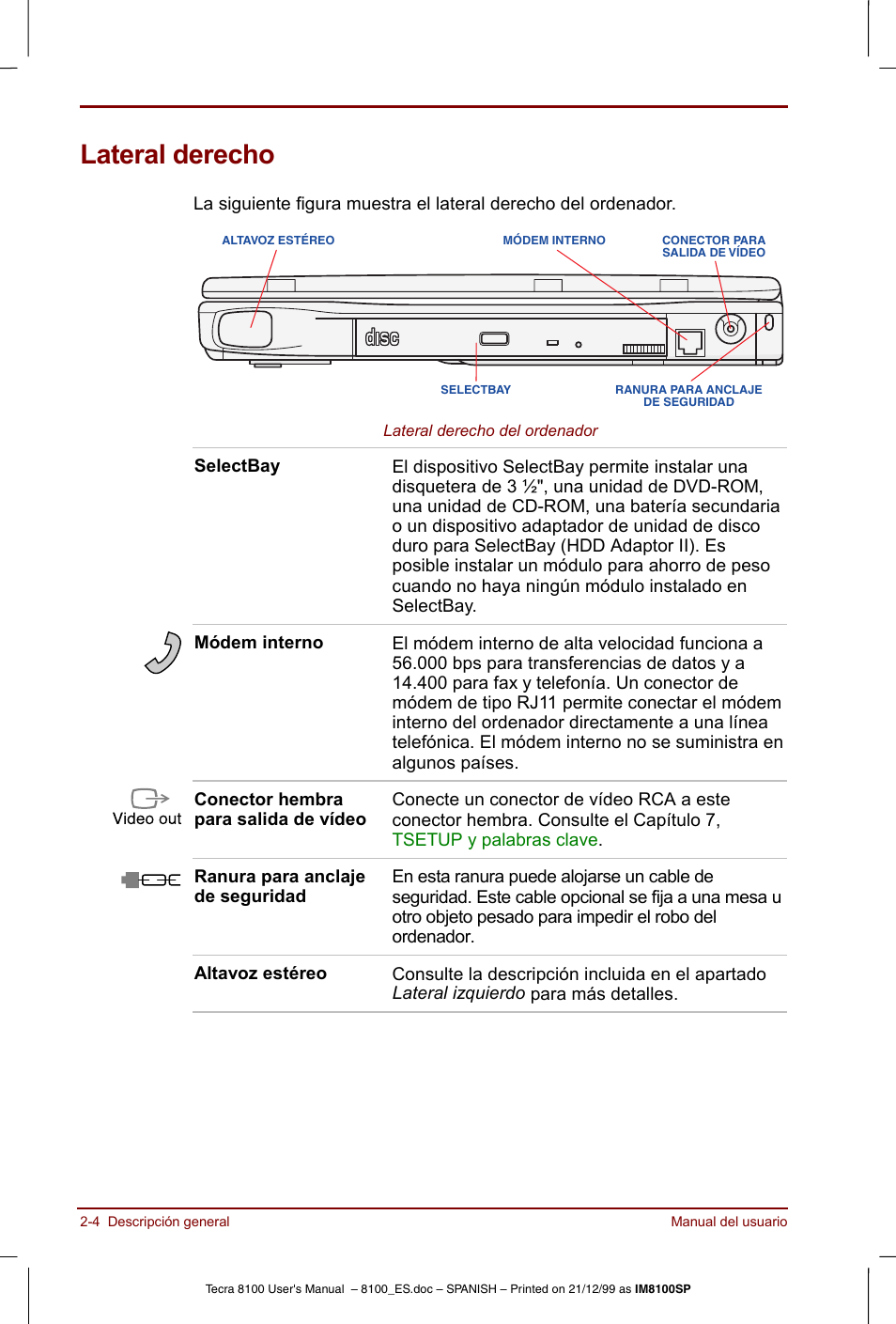 Lateral derecho, Lateral derecho -4 | Toshiba Tecra 8100 User Manual | Page 40 / 238