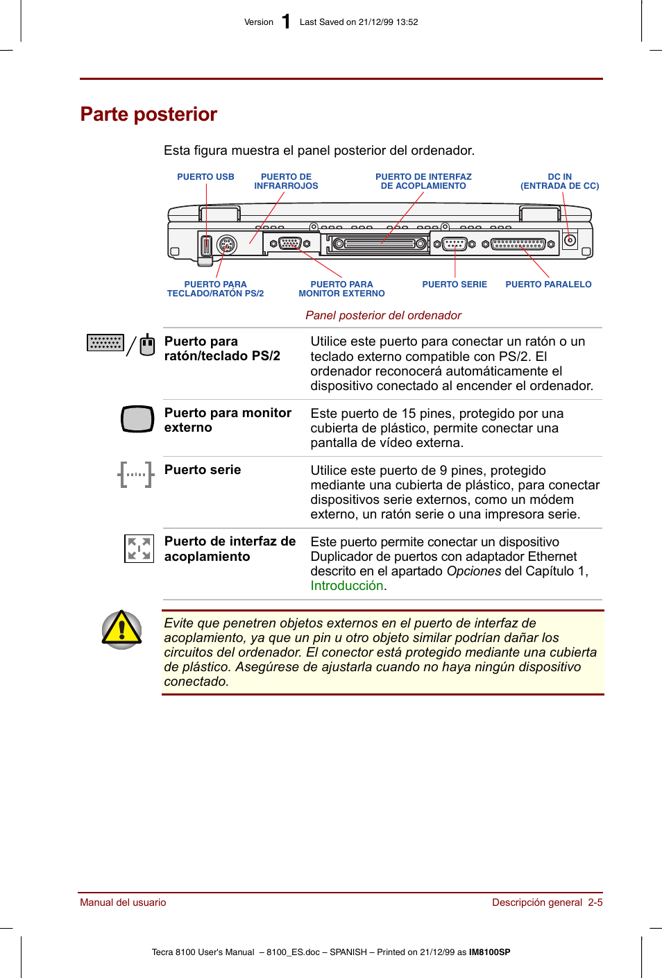 Parte posterior, Parte posterior -5 | Toshiba Tecra 8100 User Manual | Page 41 / 238