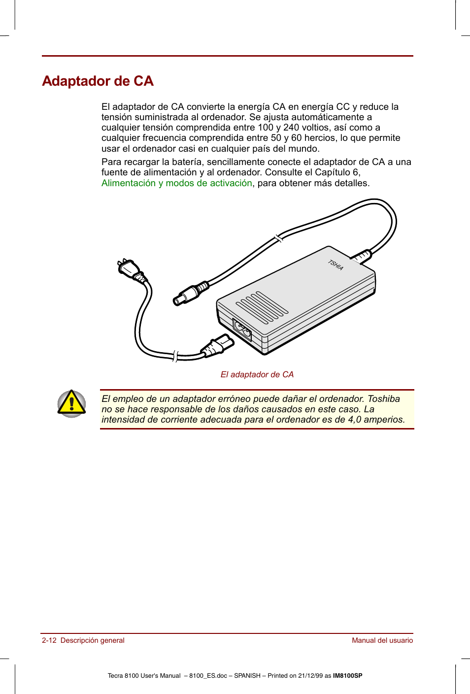 Adaptador de ca, Adaptador de ca -12 | Toshiba Tecra 8100 User Manual | Page 48 / 238