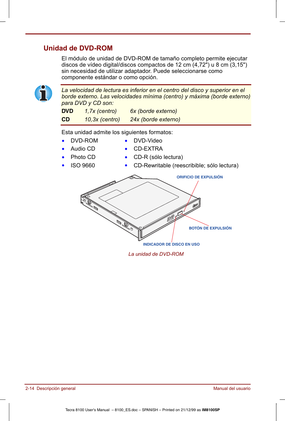 Unidad de dvd-rom -14, Unidad de dvd-rom | Toshiba Tecra 8100 User Manual | Page 50 / 238