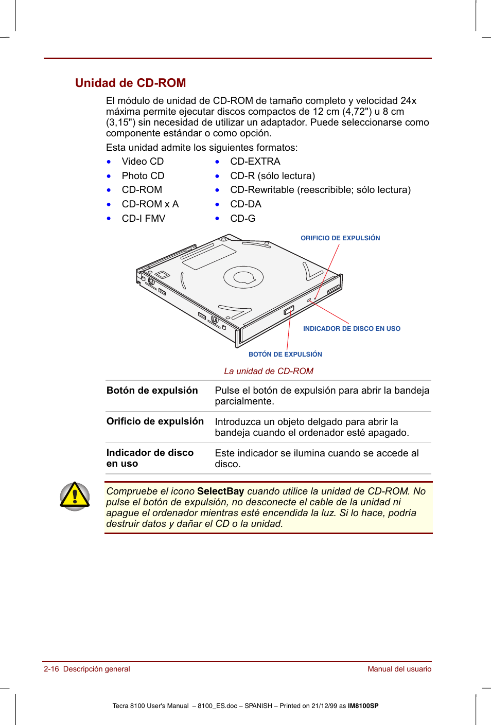 Unidad de cd-rom -16, Unidad de cd-rom | Toshiba Tecra 8100 User Manual | Page 52 / 238