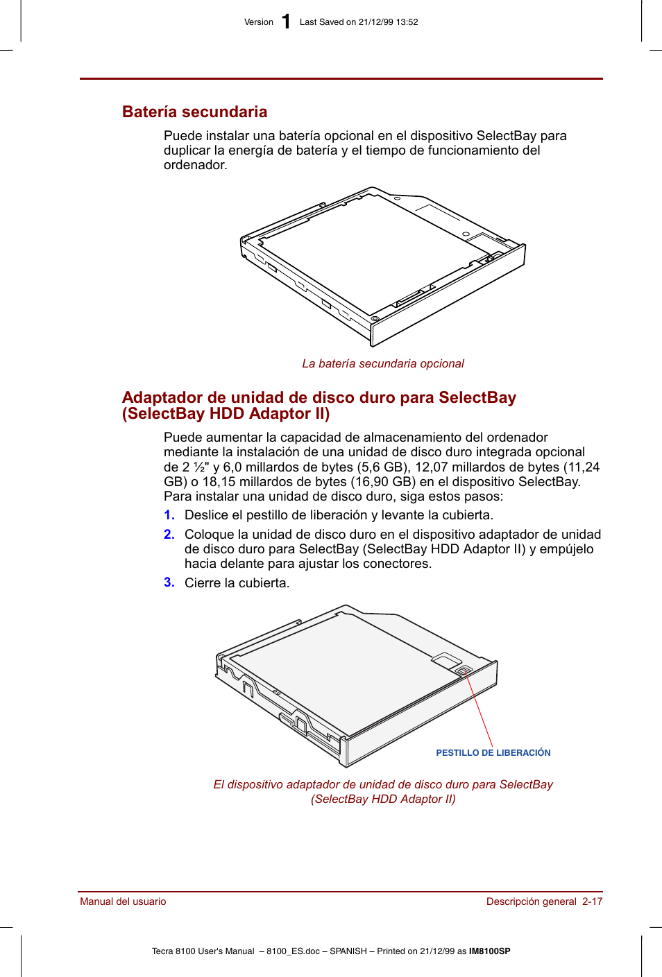 Batería secundaria -17, Selectbay hdd adaptor ii) -17, Batería secundaria | Toshiba Tecra 8100 User Manual | Page 53 / 238