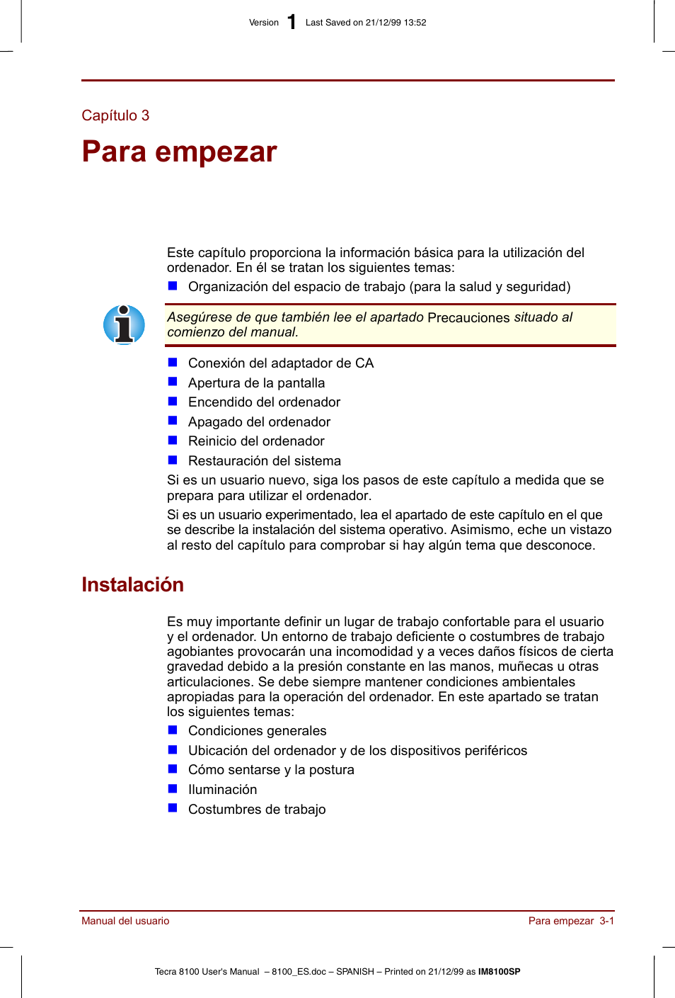 Capítulo 3, Para empezar, Instalación | Capítulo 3: para empezar, Instalación -1, Donde, Para conocer los, Proporciona una descripción rápida de | Toshiba Tecra 8100 User Manual | Page 55 / 238