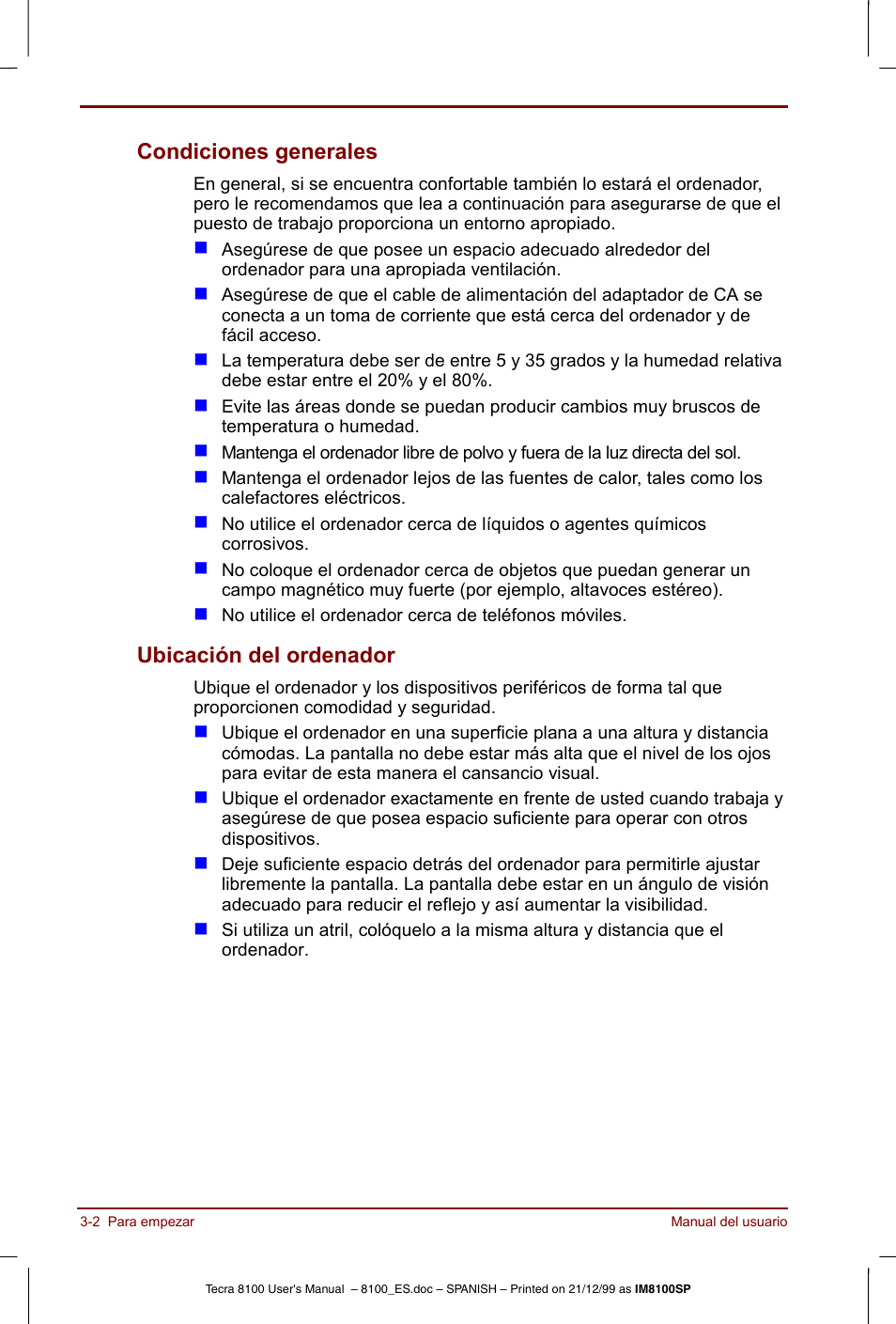 Condiciones generales, Ubicación del ordenador | Toshiba Tecra 8100 User Manual | Page 56 / 238