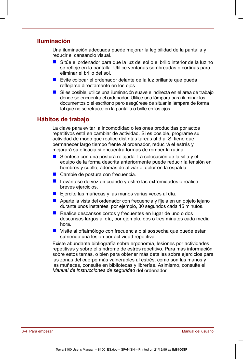 Iluminación -4 hábitos de trabajo -4, Iluminación, Hábitos de trabajo | Toshiba Tecra 8100 User Manual | Page 58 / 238