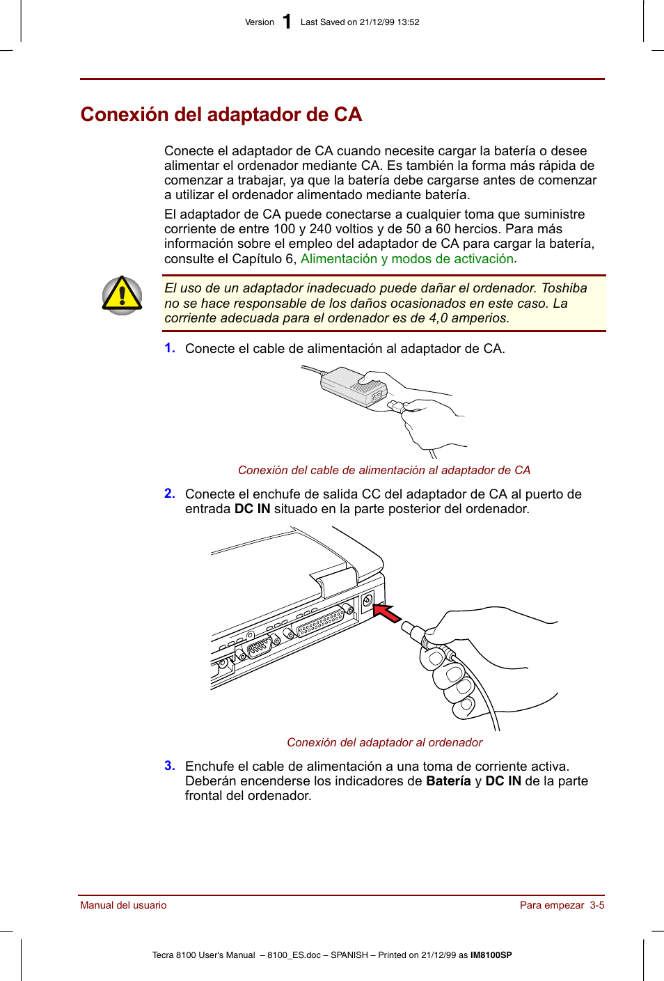 Conexión del adaptador de ca, Conexión del adaptador de ca -5 | Toshiba Tecra 8100 User Manual | Page 59 / 238