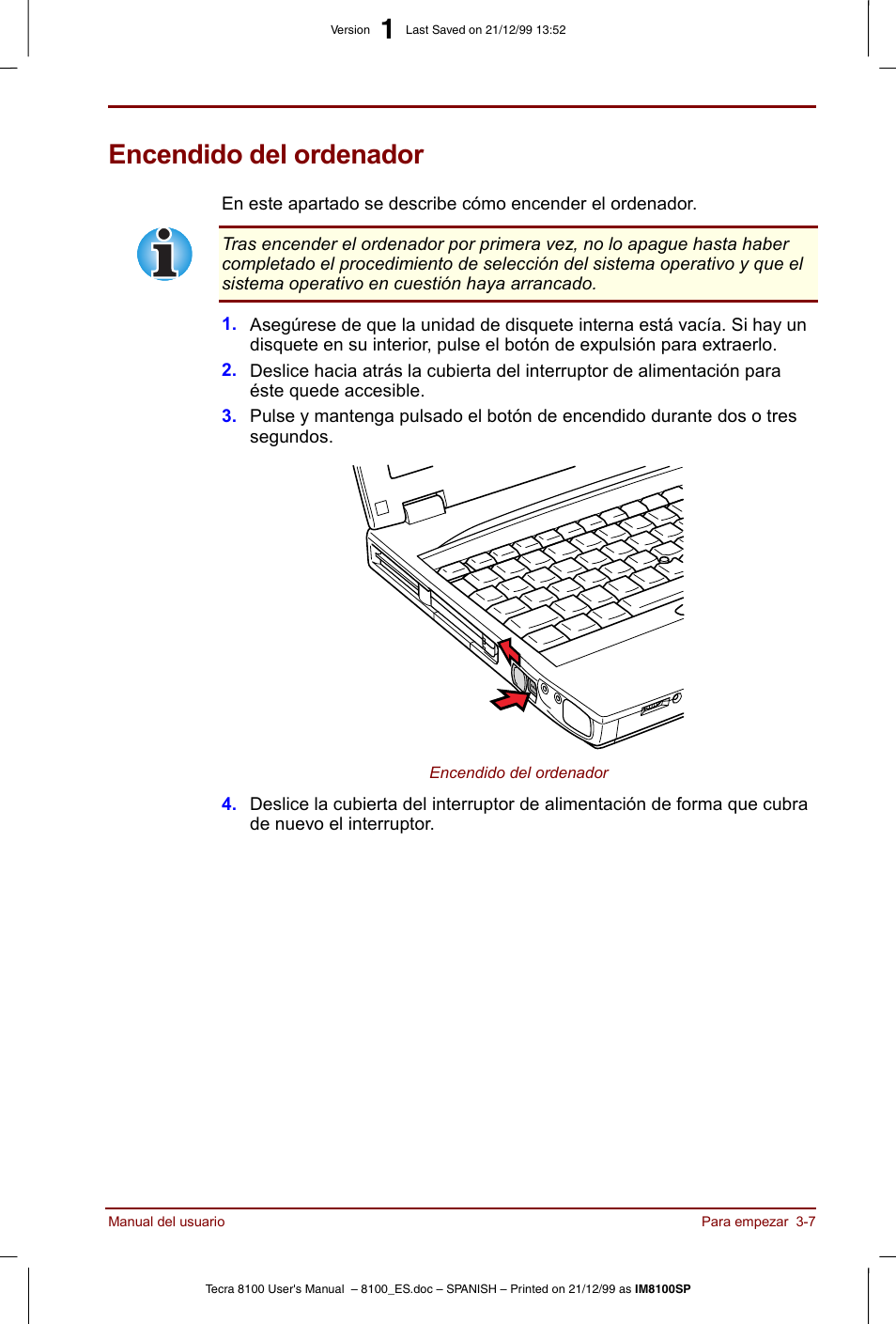 Encendido del ordenador, Encendido del ordenador -7 | Toshiba Tecra 8100 User Manual | Page 61 / 238