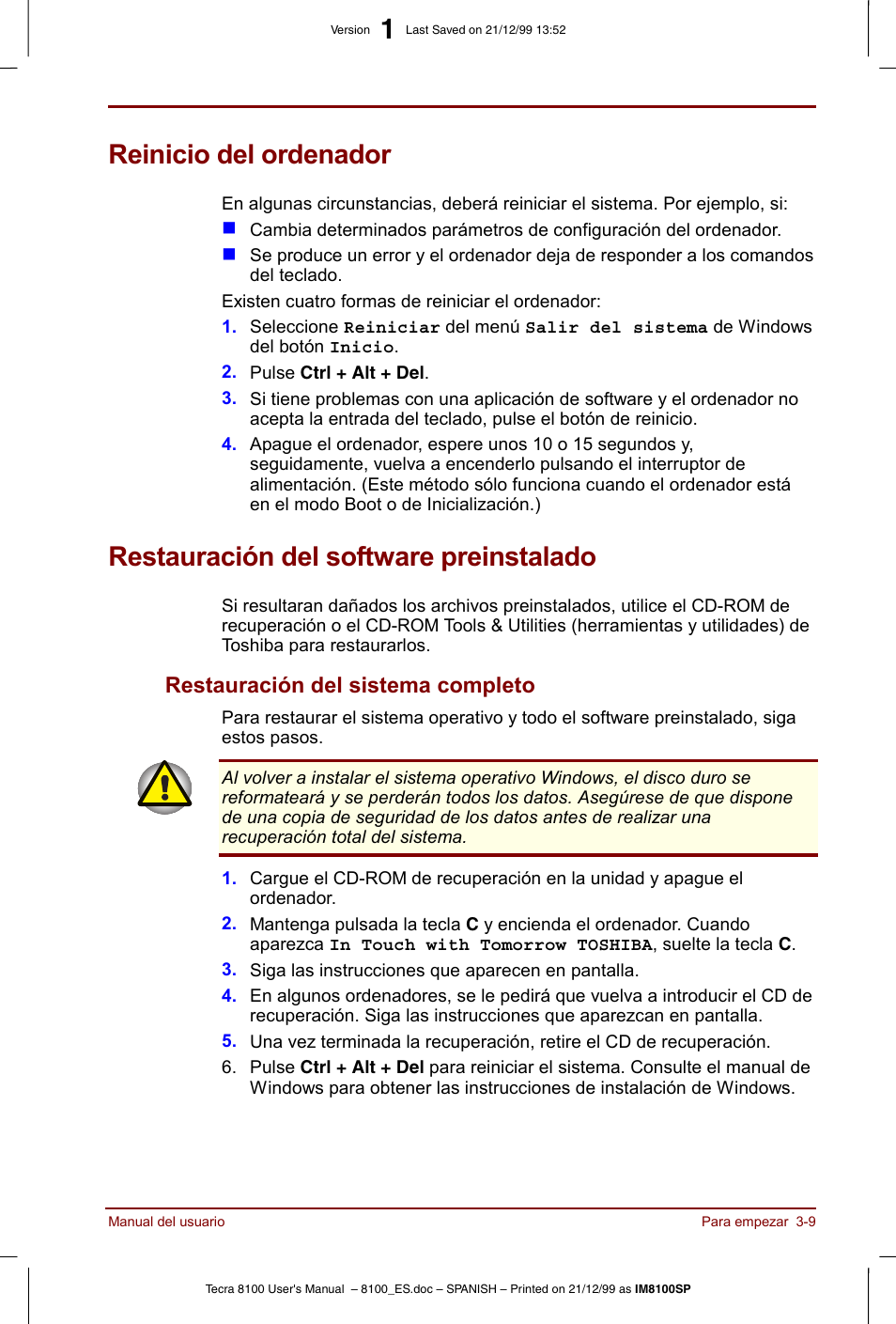 Reinicio del ordenador, Restauración del software preinstalado, Restauración del sistema completo -9 | Restauración del sistema completo | Toshiba Tecra 8100 User Manual | Page 63 / 238