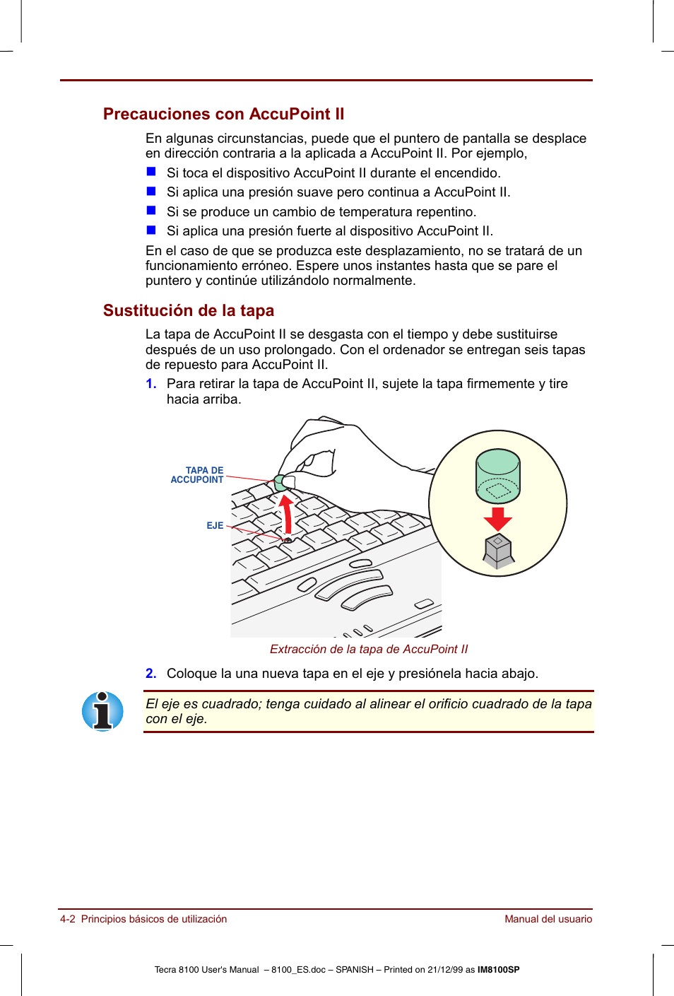 Precauciones con accupoint ii, Sustitución de la tapa | Toshiba Tecra 8100 User Manual | Page 66 / 238