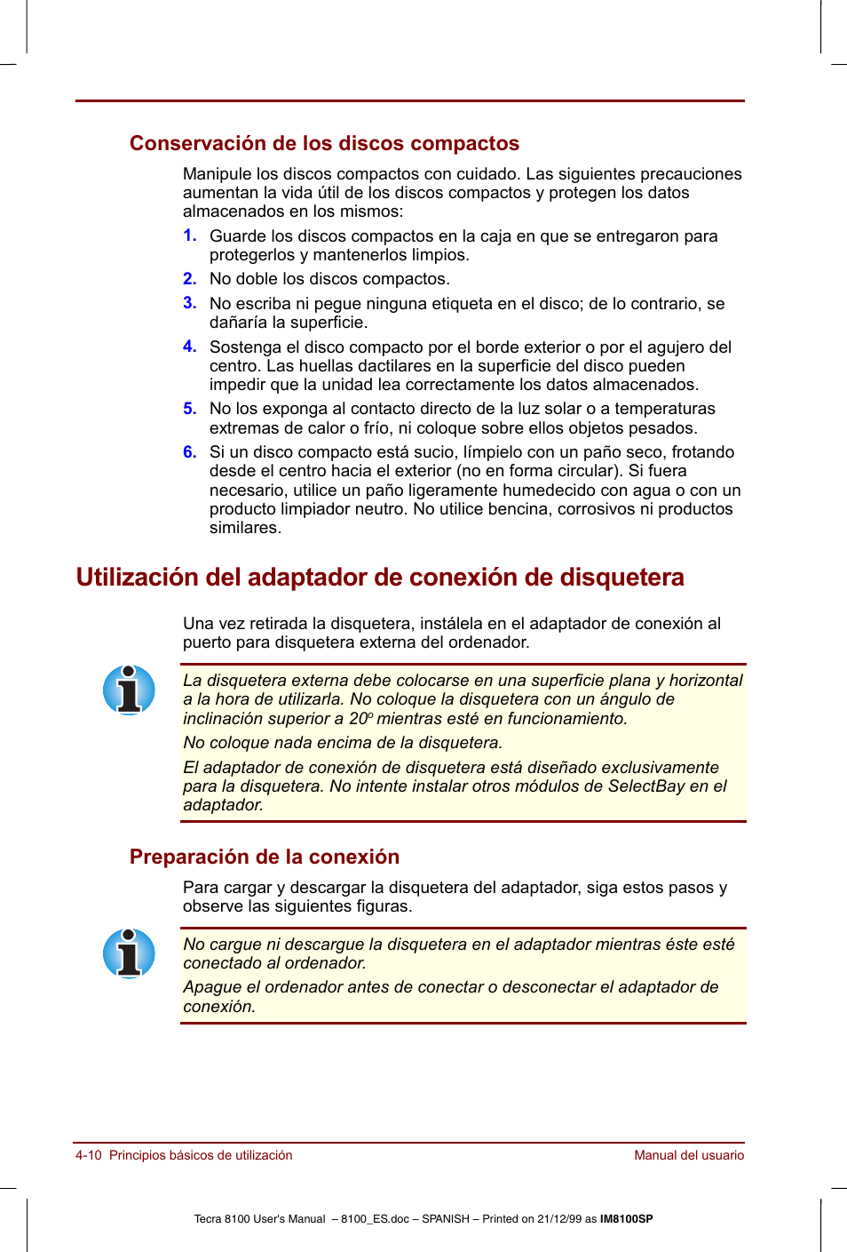 Conservación de los discos compactos -10, Preparación de la conexión -10, Conservación de los discos compactos | Preparación de la conexión | Toshiba Tecra 8100 User Manual | Page 74 / 238