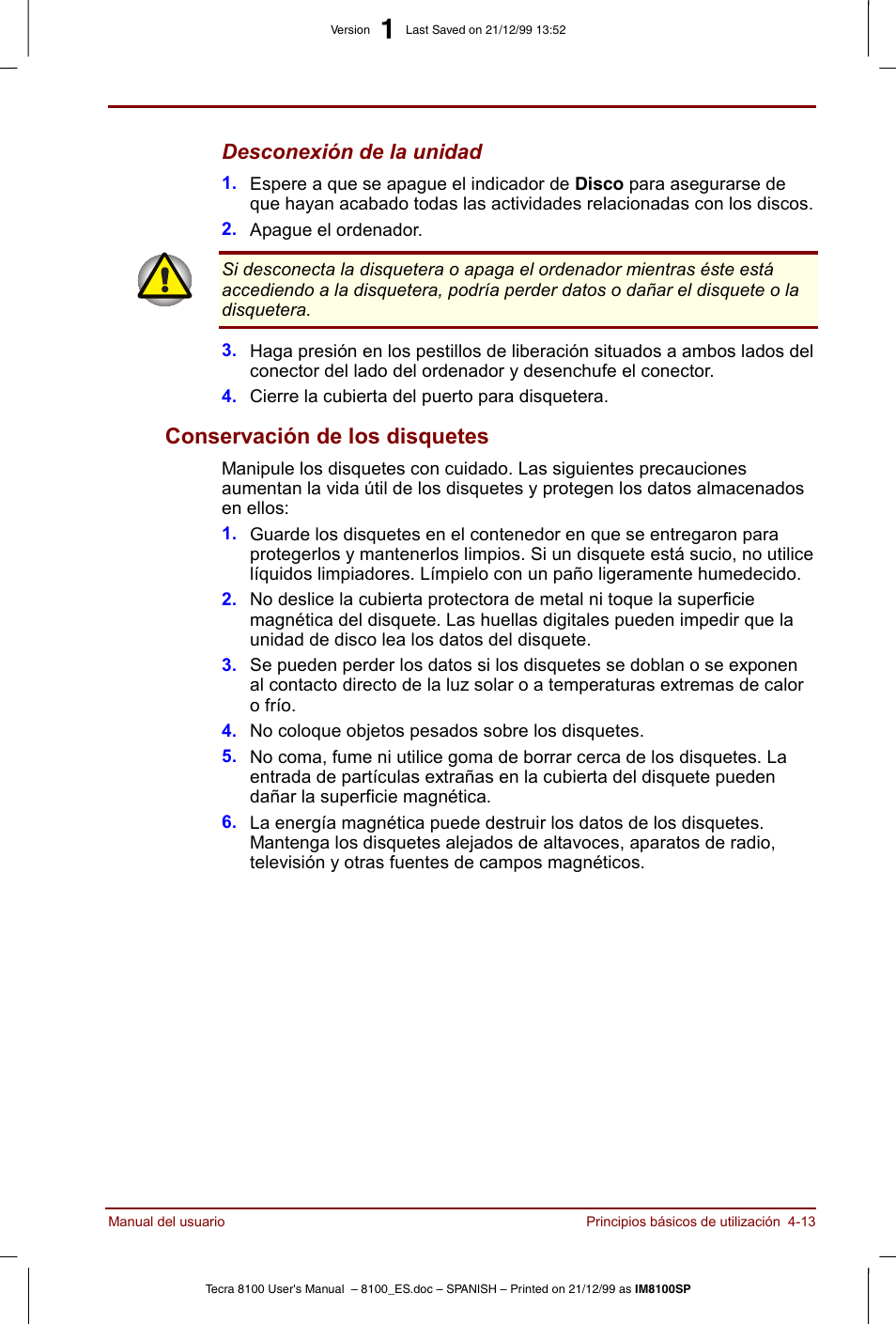 Conservación de los disquetes -13, Conservación de los disquetes | Toshiba Tecra 8100 User Manual | Page 77 / 238