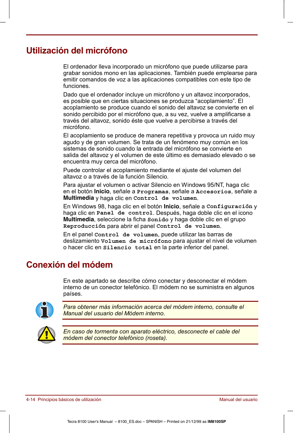 Utilización del micrófono, Conexión del módem | Toshiba Tecra 8100 User Manual | Page 78 / 238