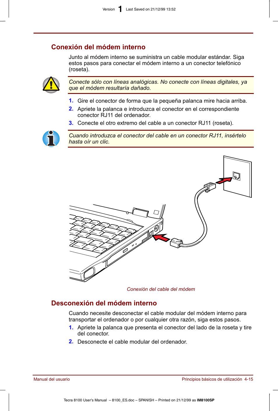 Conexión del módem interno, Desconexión del módem interno | Toshiba Tecra 8100 User Manual | Page 79 / 238