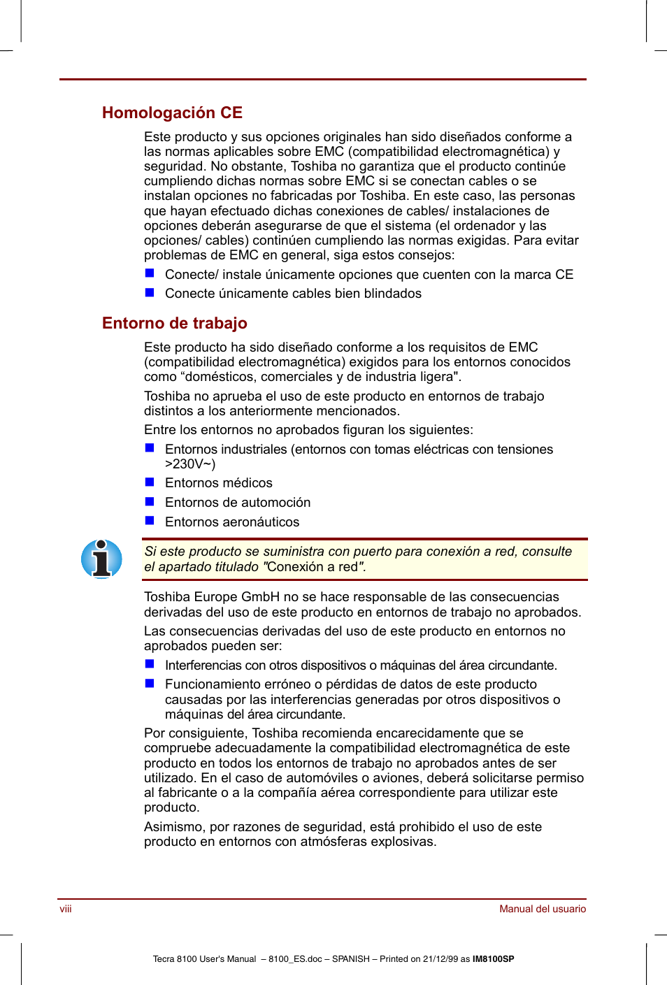 Homologación ce, Entorno de trabajo | Toshiba Tecra 8100 User Manual | Page 8 / 238