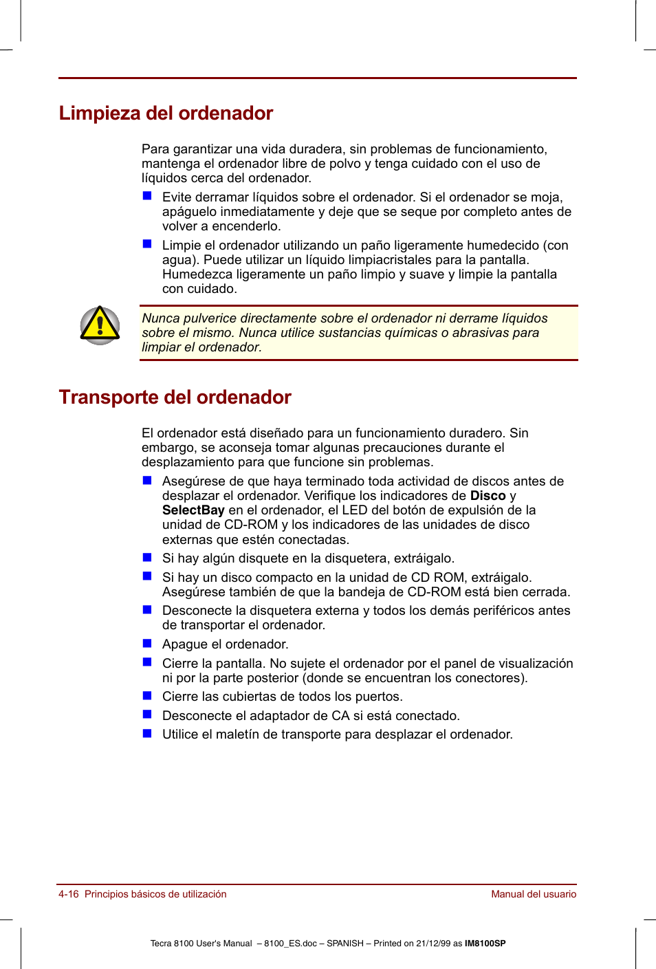 Limpieza del ordenador, Transporte del ordenador | Toshiba Tecra 8100 User Manual | Page 80 / 238