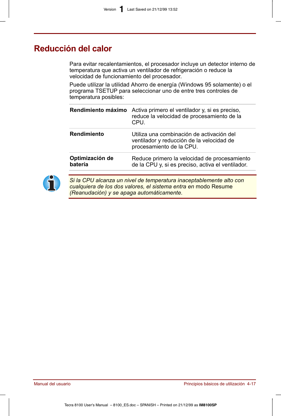 Reducción del calor, Reducción del calor -17 | Toshiba Tecra 8100 User Manual | Page 81 / 238