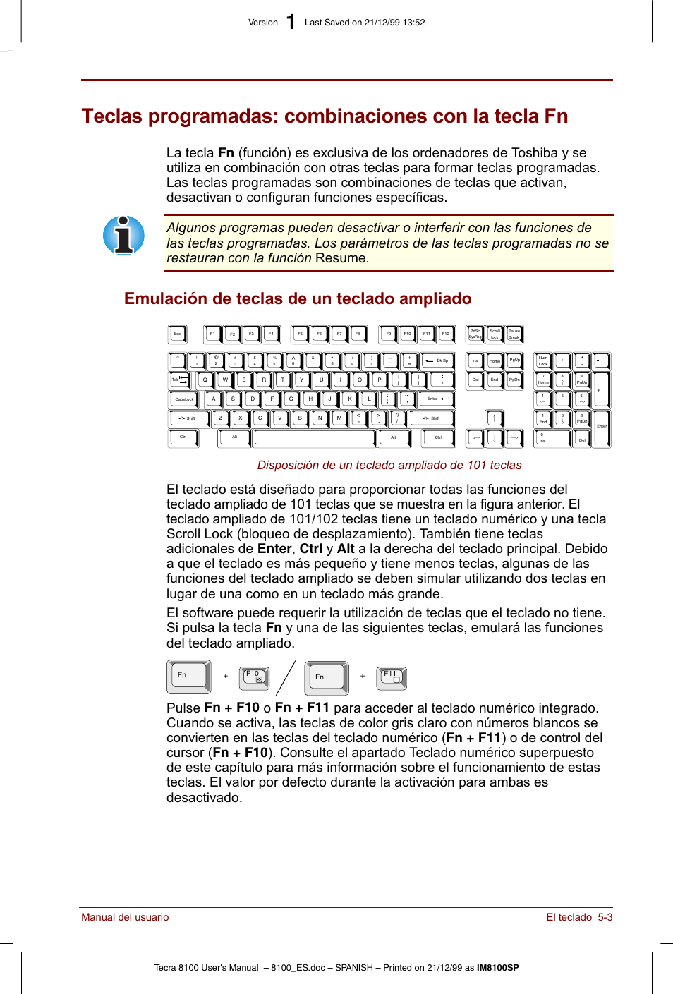 Teclas programadas: combinaciones con la tecla fn, Emulación de teclas de un teclado ampliado -3, Emulación de teclas de un teclado ampliado | Disposición de un teclado ampliado de 101 teclas, Manual del usuario el teclado 5-3 | Toshiba Tecra 8100 User Manual | Page 85 / 238