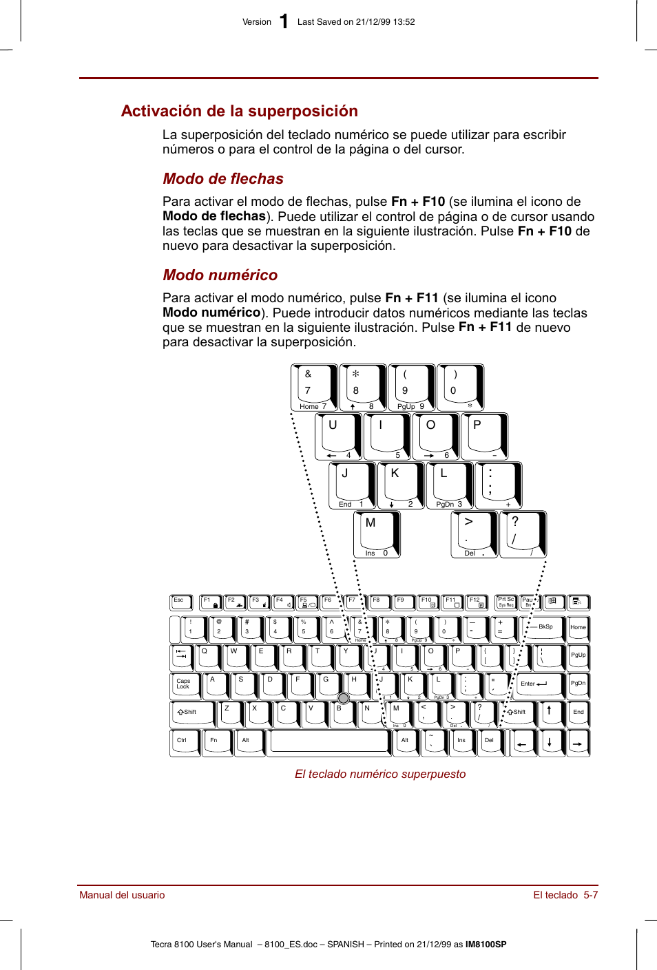 Activación de la superposición -7, Activación de la superposición, Modo de flechas | Modo numérico, El teclado numérico superpuesto | Toshiba Tecra 8100 User Manual | Page 89 / 238