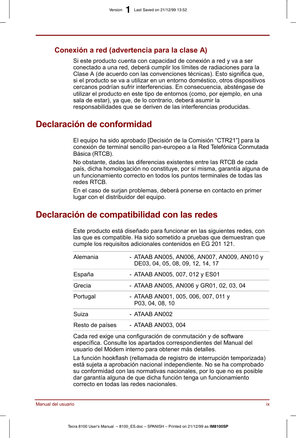 Declaración de conformidad, Declaración de compatibilidad con las redes, Conexión a red (advertencia para la clase a) | Toshiba Tecra 8100 User Manual | Page 9 / 238