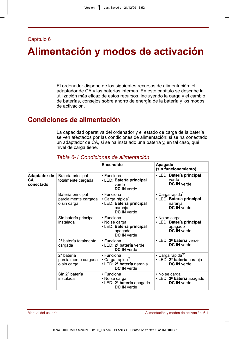Capítulo 6, Alimentación y modos de activación, Condiciones de alimentación | Capítulo 6: alimentación y modos de activación, Condiciones de alimentación -1, Proporciona detalles, Para, Apítulo 6, Alimentación y modos de, Activación | Toshiba Tecra 8100 User Manual | Page 91 / 238