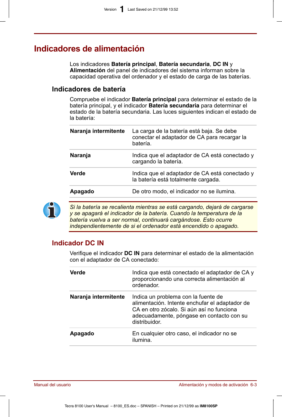 Indicadores de alimentación, Indicadores de alimentación -3, Indicadores de batería -3 indicador dc in -3 | Indicadores de batería, Indicador dc in | Toshiba Tecra 8100 User Manual | Page 93 / 238