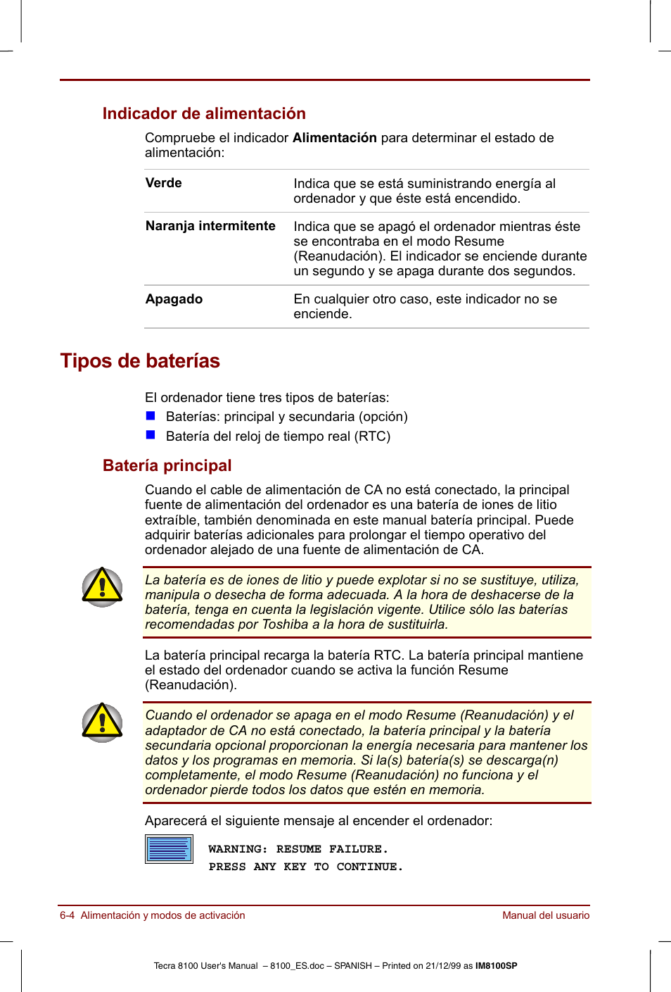 Tipos de baterías, Indicador de alimentación -4, Tipos de baterías -4 | Batería principal -4, Indicador de alimentación, Batería principal | Toshiba Tecra 8100 User Manual | Page 94 / 238