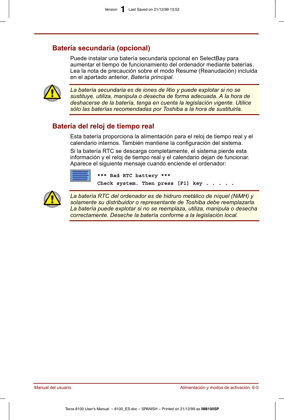 Batería secundaria (opcional), Batería del reloj de tiempo real | Toshiba Tecra 8100 User Manual | Page 95 / 238