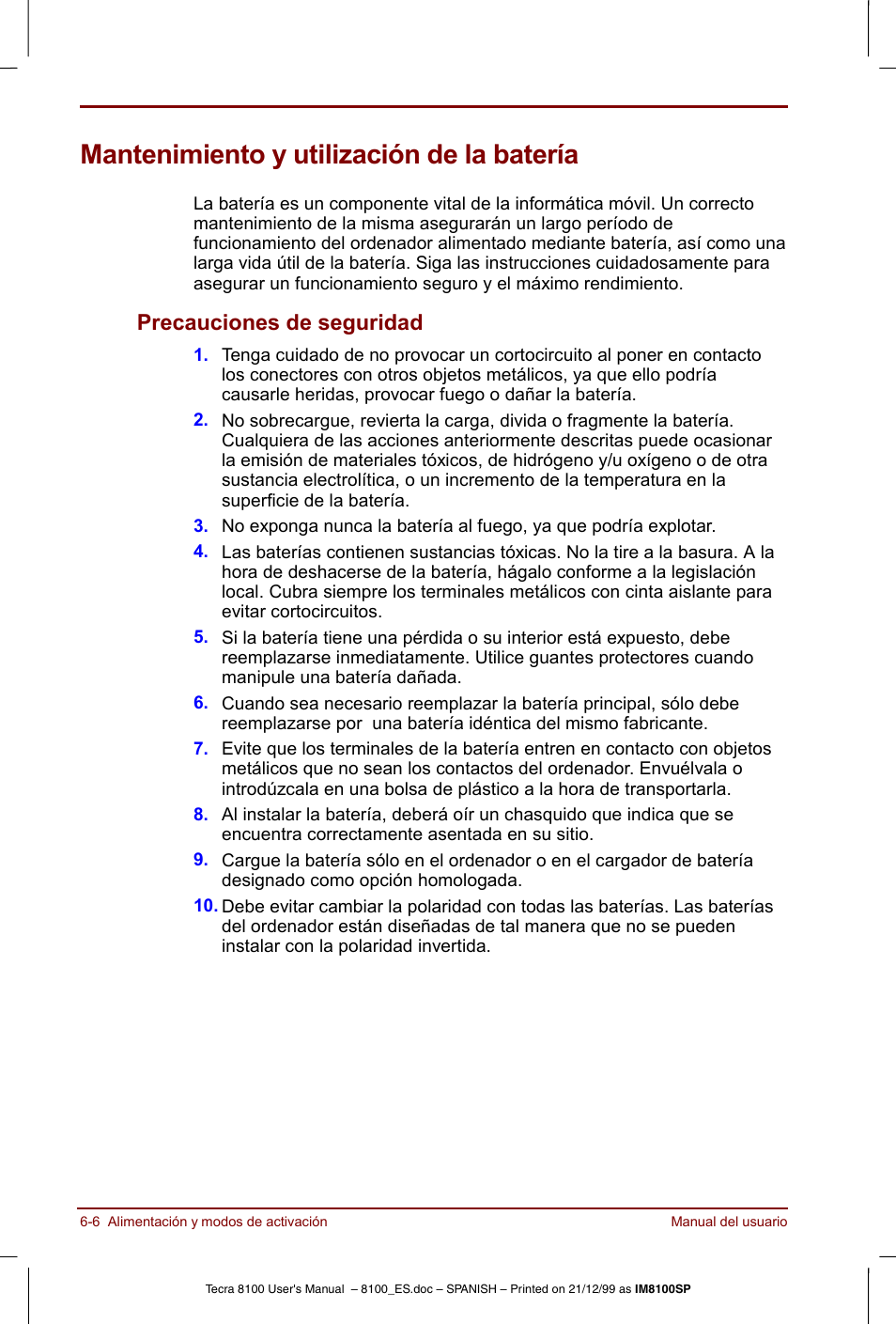 Mantenimiento y utilización de la batería, Mantenimiento y utilización de la batería -6, Precauciones de seguridad -6 | Precauciones de seguridad | Toshiba Tecra 8100 User Manual | Page 96 / 238