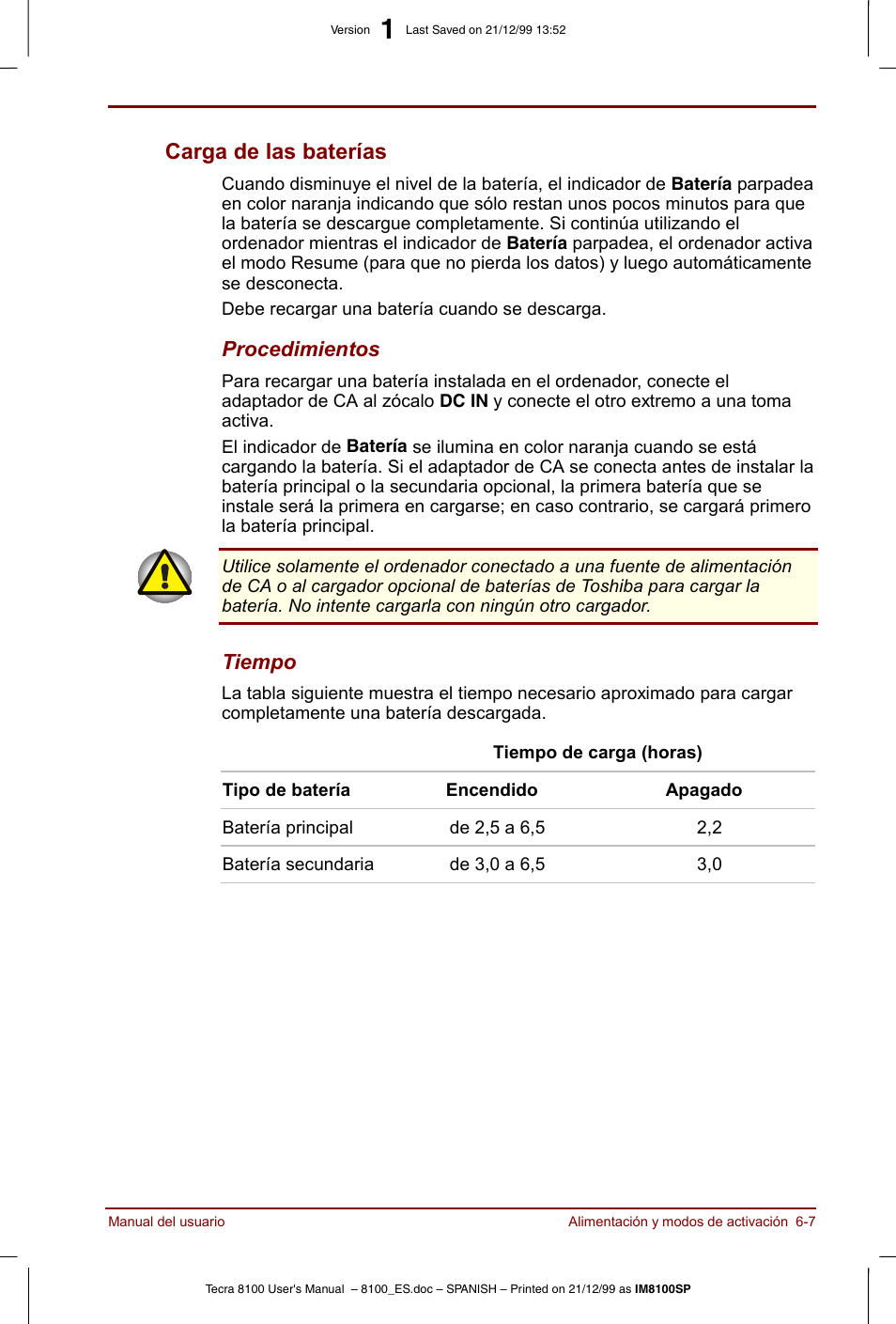 Carga de las baterías -7, Carga de las baterías | Toshiba Tecra 8100 User Manual | Page 97 / 238