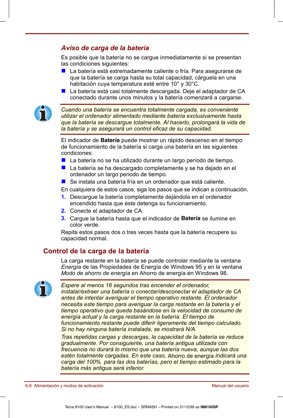 Control de la carga de la batería -8, Control de la carga de la batería | Toshiba Tecra 8100 User Manual | Page 98 / 238