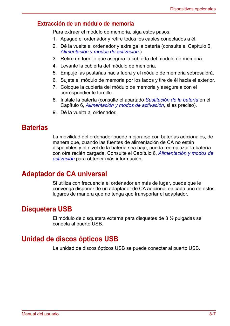 Baterías, Adaptador de ca universal, Disquetera usb | Unidad de discos ópticos usb | Toshiba NB300 User Manual | Page 102 / 153