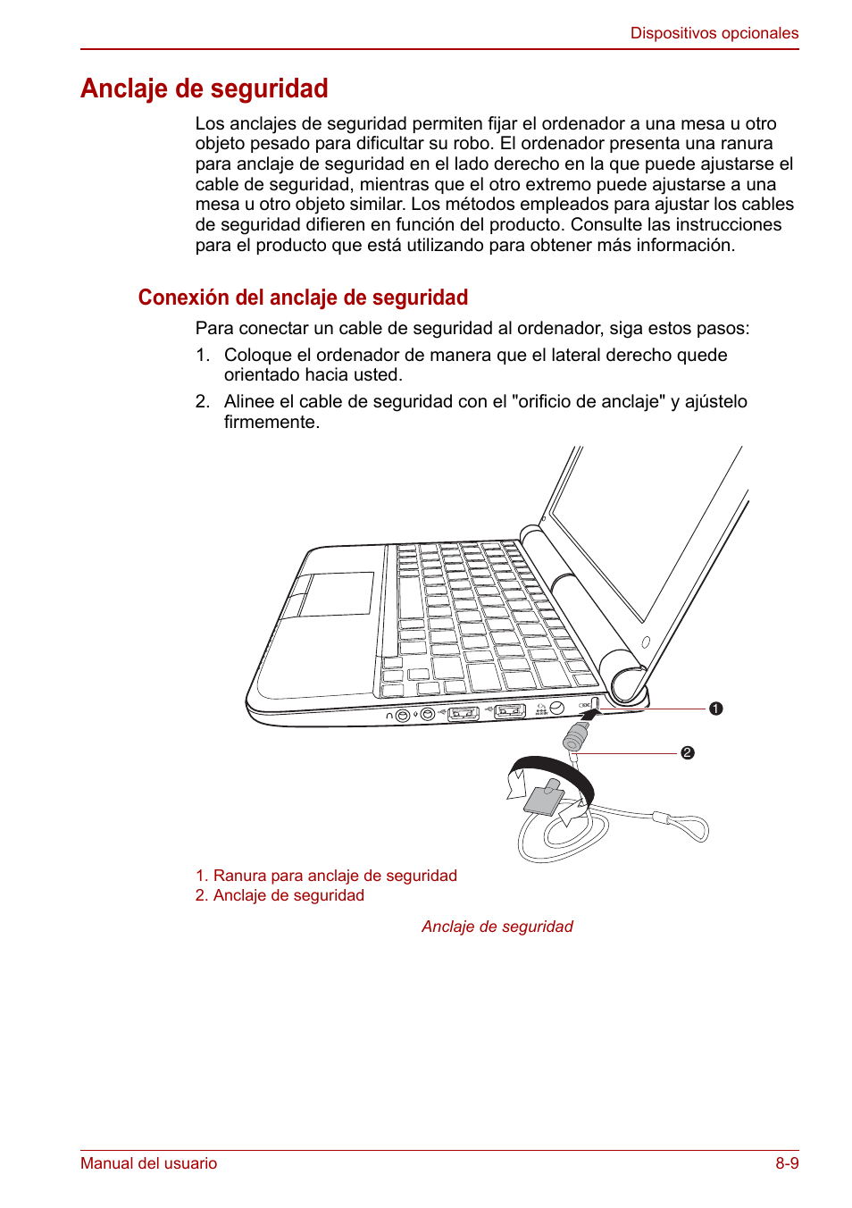 Anclaje de seguridad, Anclaje de seguridad -9, Conexión del anclaje de seguridad | Toshiba NB300 User Manual | Page 104 / 153