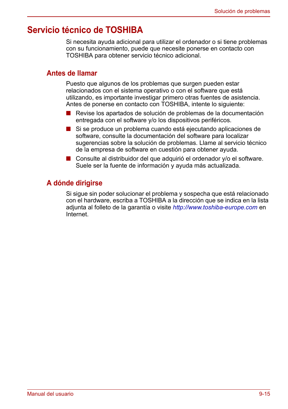 Servicio técnico de toshiba, Servicio técnico de toshiba -15, Antes de llamar | A dónde dirigirse | Toshiba NB300 User Manual | Page 119 / 153