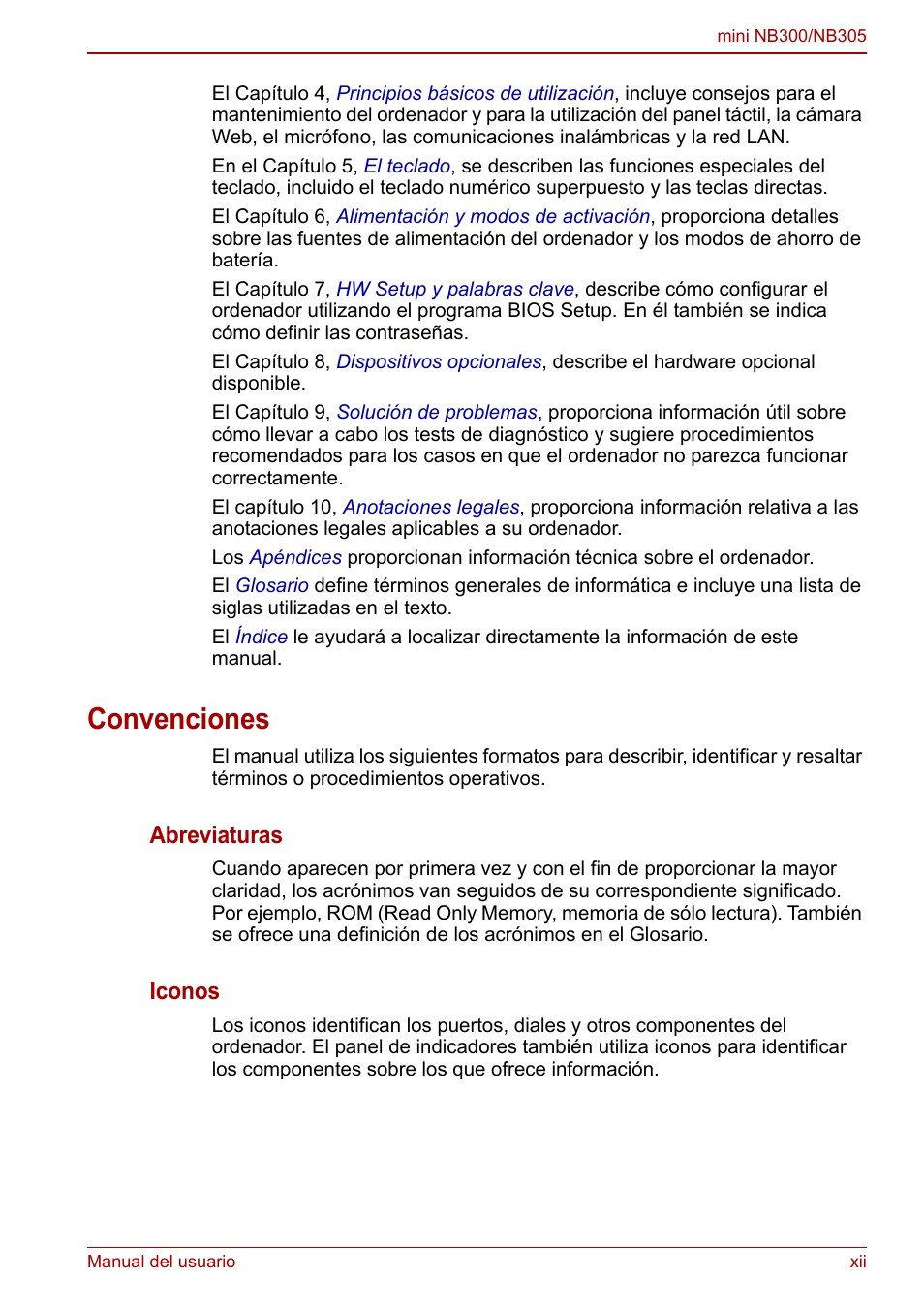 Convenciones, Abreviaturas, Iconos | Toshiba NB300 User Manual | Page 12 / 153