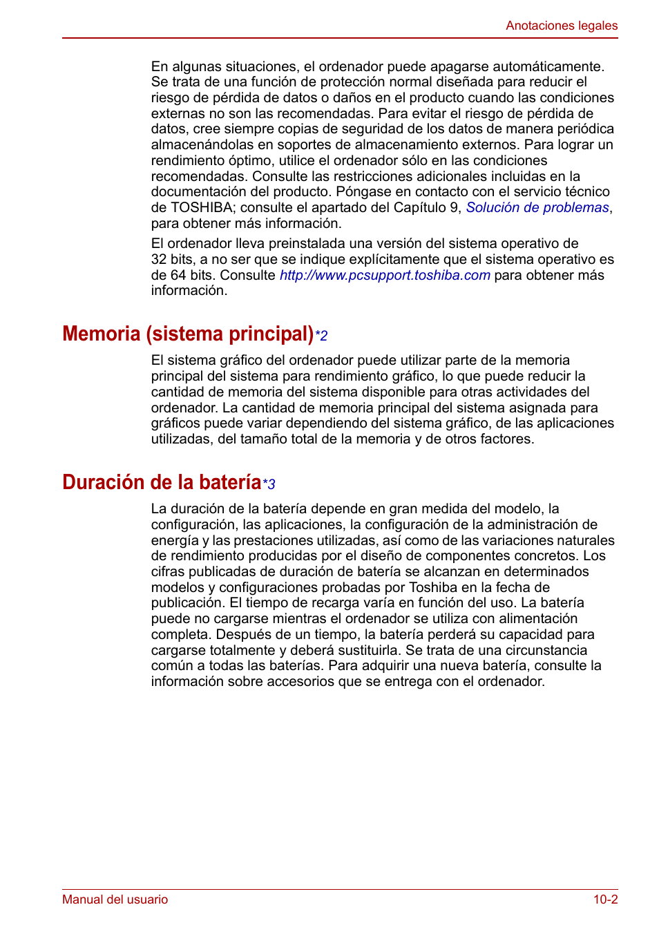Memoria (sistema principal)*2, Duración de la batería*3, Memoria (sistema principal) | Duración de la batería | Toshiba NB300 User Manual | Page 121 / 153