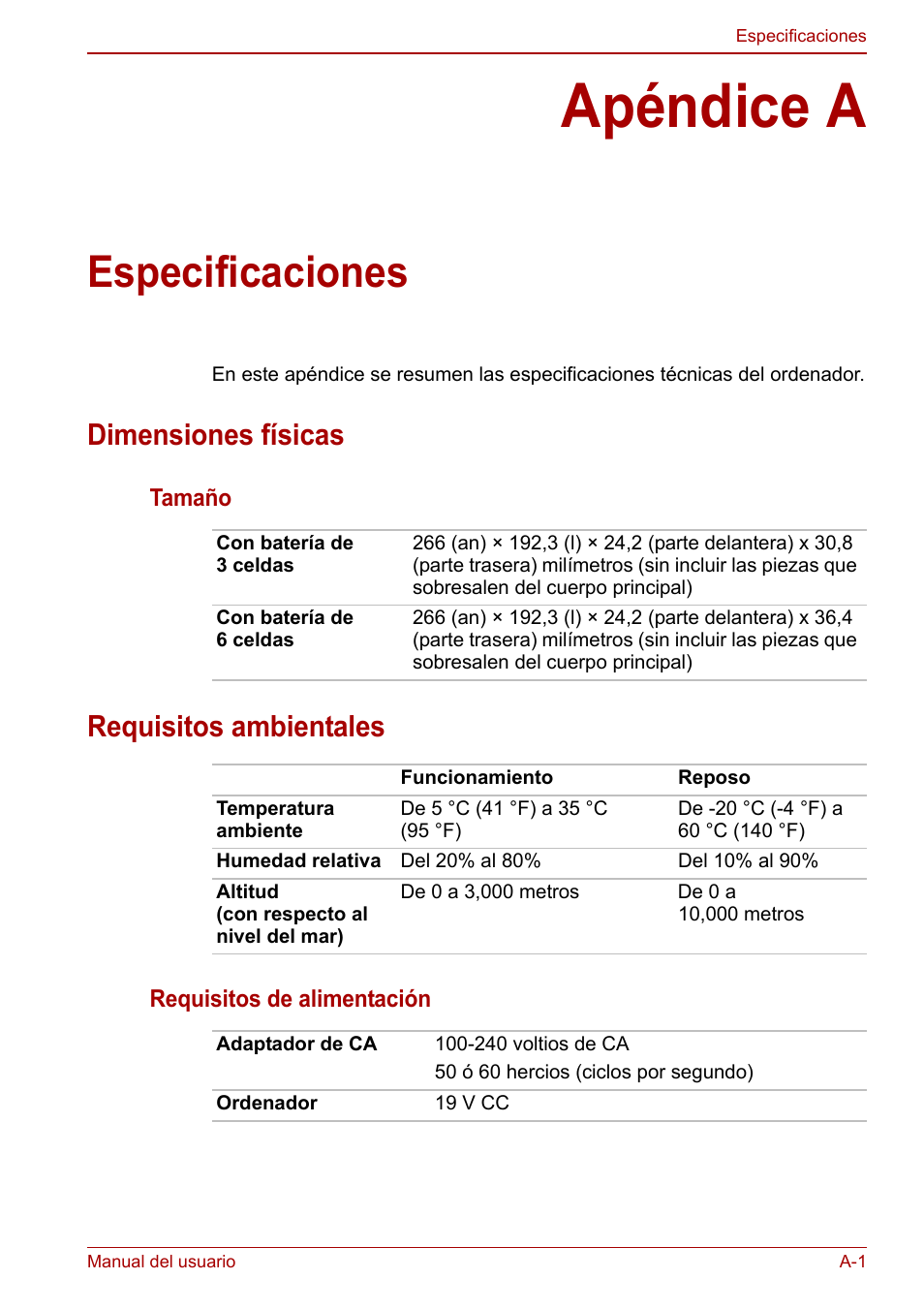 Apéndice a: especificaciones, Apéndice a, Especificaciones | Dimensiones físicas, Requisitos ambientales | Toshiba NB300 User Manual | Page 125 / 153